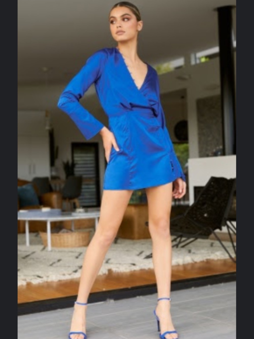 Showpo Duane Button Detail Long Sleeve Satin Mini Dress